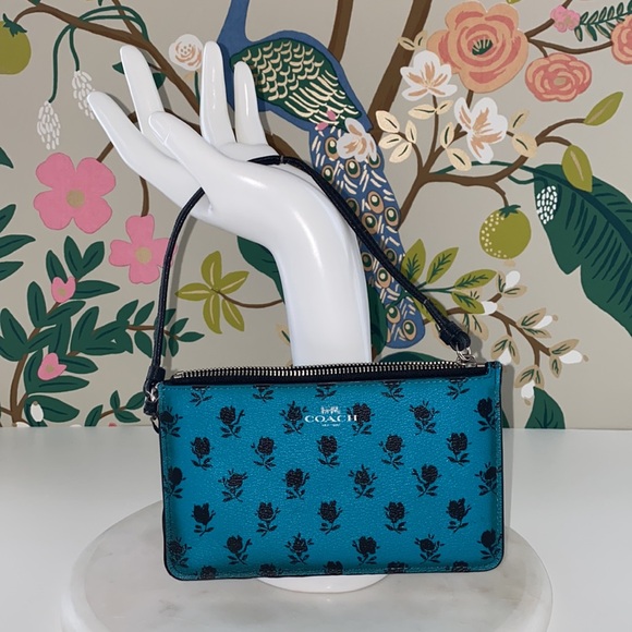 Coach Turquoise Zipper Wallet with Black Rose Pattern. - Picture 9 of 16